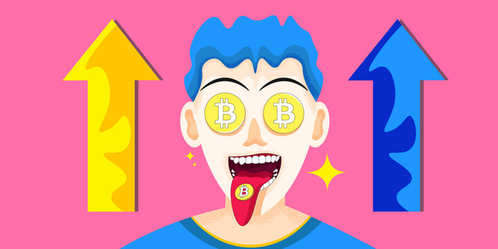 Close Up Vector illustration of man with bitcoin eyes, crypto lover and greed concept isolated on soft pink background