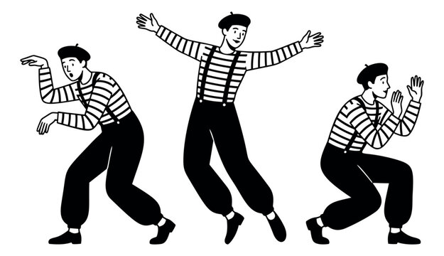Cartoon illustration set of 3 French mimes depicting dynamic poses and expressive gestures for performance and entertainment design