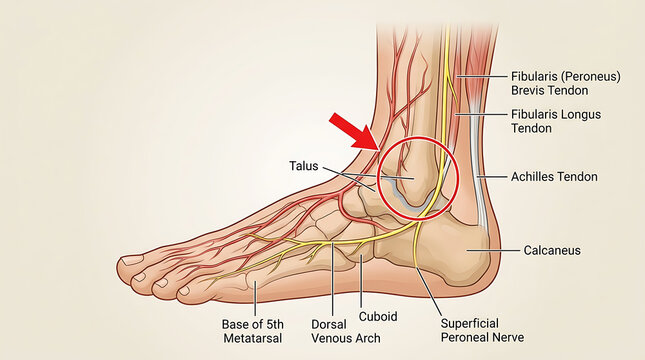 Medical diagram of foot tendons and bones, lateral view