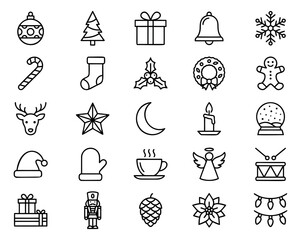 Naklejka premium Outline icon set of 25 Christmas holiday symbols featuring ornament, tree, gift, reindeer and winter elements for seasonal design