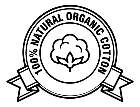 Outline illustration of 100% natural organic cotton badge depicting a circular stamp with ribbon banner for product labeling