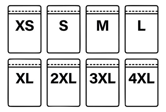 Outline icon set of 8 clothing size labels featuring XS S M L XL 2XL 3XL and 4XL tags for fashion and retail design