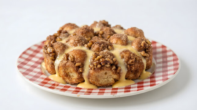 Medium shot of arany galuska, Hungarian walnut pulled apart golden dumplings drenched with creamy milk sauce in red and white gingham plaid plate on white background