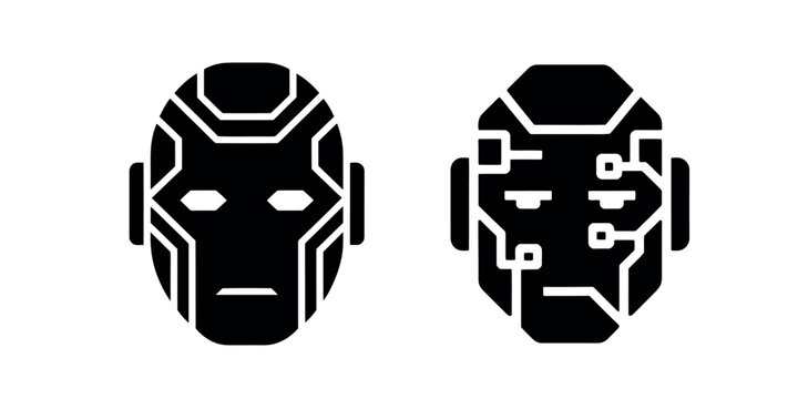 Cyberpunk Robot Face Mask Icons Set. Futuristic Android Head Symbols. Sci-Fi Technology and Artificial Intelligence Cybernetic Vector Signs