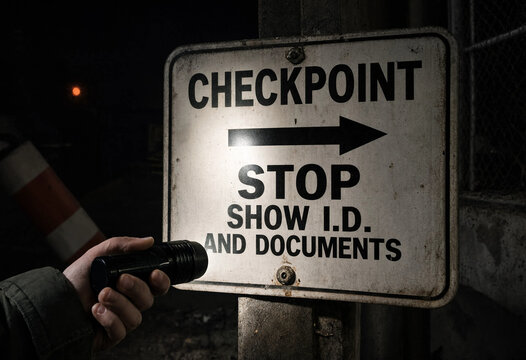 Person holding flashlight beam illuminating security checkpoint warning sign on dark road at nighttime