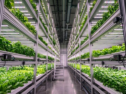 Modern vertical hydroponic farm with lush green plants under artificial grow lights indoors