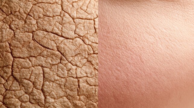 Split image showing a comparison between extremely dry cracked skin and healthy smooth skin
