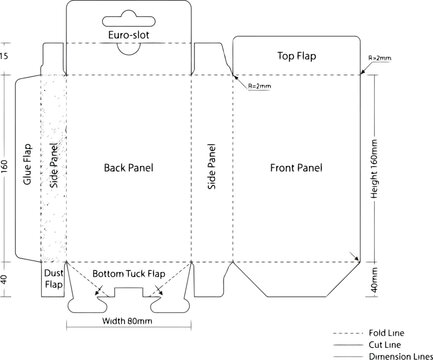 Flat box packaging template with euro slot and dimensions for product manufacturing design
