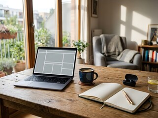 Fototapeta premium Freelancer working on laptop with coffee and notebook in bright home office space