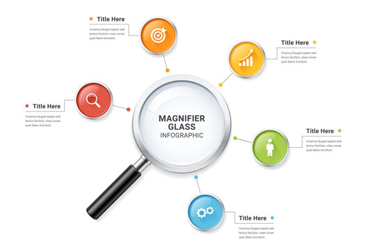 Magnifying Glass Infographic Diagram Template Background with Five Step Business Analysis and Research Process