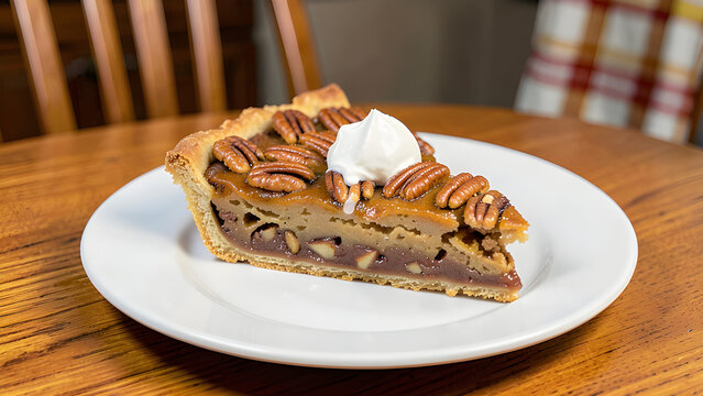 Slice of fresh baked pecan pie with a dab of whip cream on top