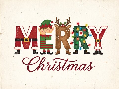 Vintage texture Merry Christmas lettering featuring alphabet letters styled as Santa Claus, elf, reindeer, and colorful lights on beige paper background.