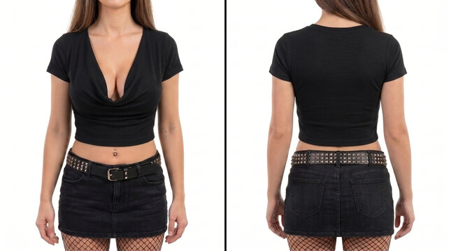 Front and back split of fair skin slim female long brown hair hands at sides in short sleeve black cotton cowl neck crop t-shirt, black denim mini skirt, studded belt, fishnets. Mockup.