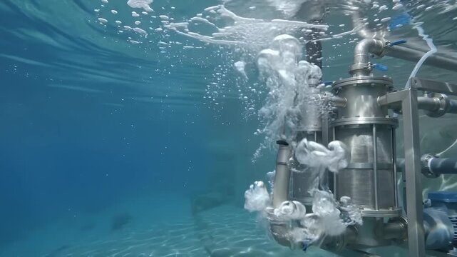 Underwater scientific equipment releases bubbles into the clear blue ocean, indicating an ongoing experiment in aquatic research.