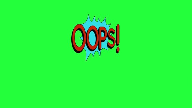 Comic book style oops text animation on green screen background