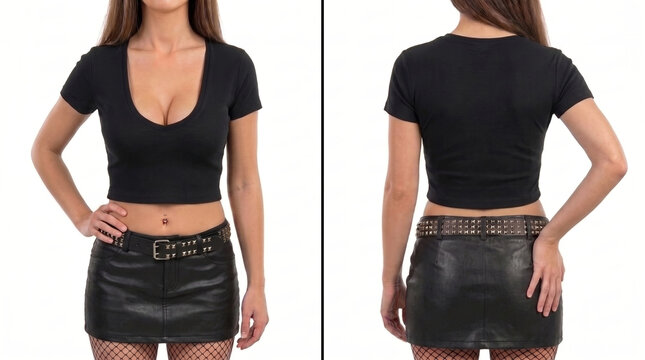 Front and back split of fair skin slim female long brown hair hand on hip and back thigh in short sleeve black cotton deep scoop neck crop t-shirt, leather mini skirt, studded belt, fishnets. Mockup.
