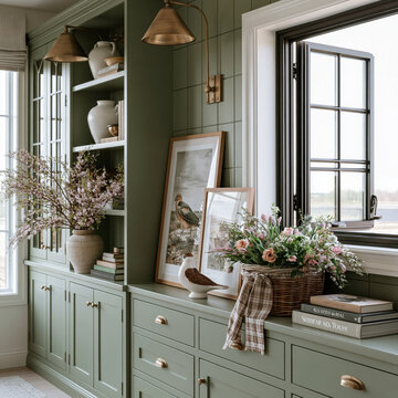 Green built cabinet farmhouse decor rustic interior flower arrangement framed art window light brass sconce wicker basket ceramic vase spring branch Elegant green built cabinet farmhouse decor