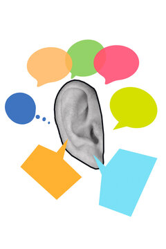 Collage de una oreja semitono rodeada de burbujas de chat de colores sobre un fondo blanco. Vista de frente y de cerca. Copy space