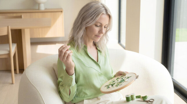 Woman sitting in an armchair and embroidering with a hoop at home