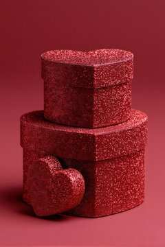 A stack of three red glitter boxes with a heart-shaped accent.