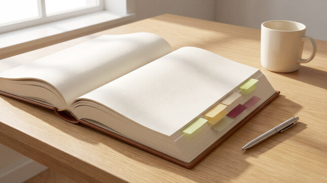 Open blank book with colorful sticky note tabs on a wooden table