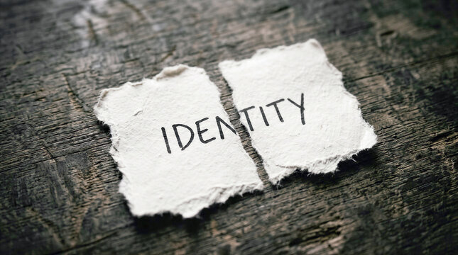 Torn piece of paper with the handwritten word Identity on a wooden background