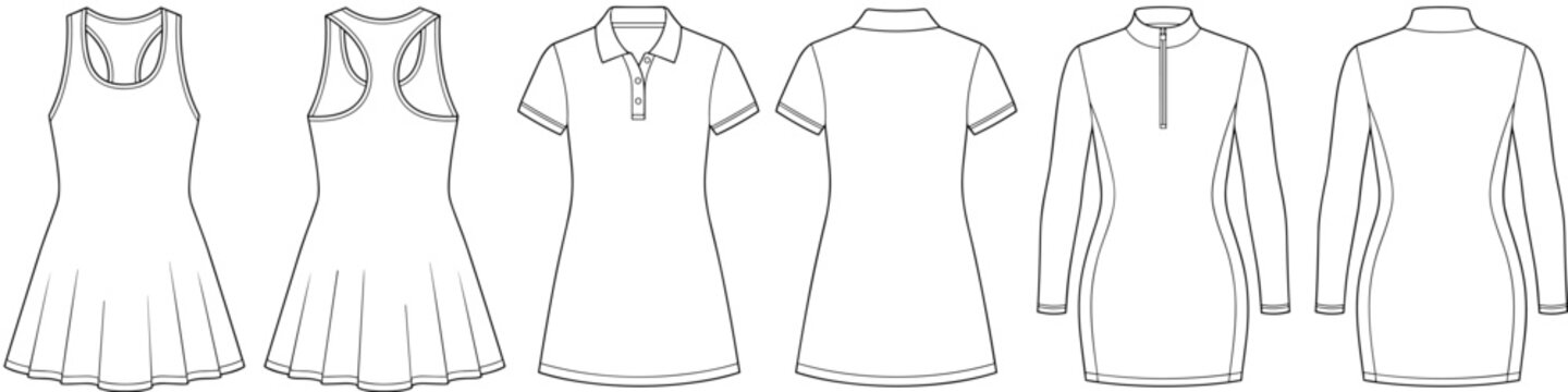 Set of Sporty Active Dresses technical fashion illustration with racerback, polo collar, zip-up front, mini length. Flat apparel front back view. Women fashion CAD mockup template