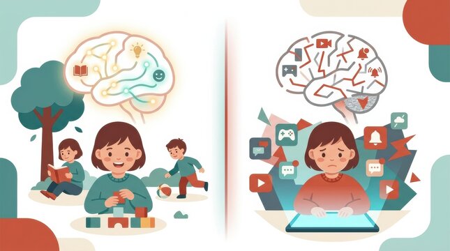 Children engage in activities that support brain development while contrasting with excessive screen time effects on mental health.