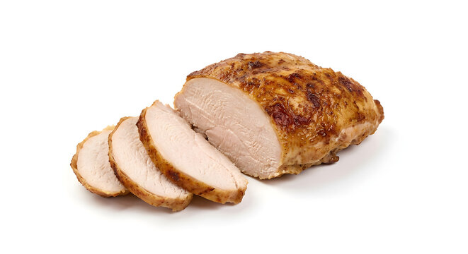Aufgeschnittener goldbrauner Putenbraten auf Wei&szlig;