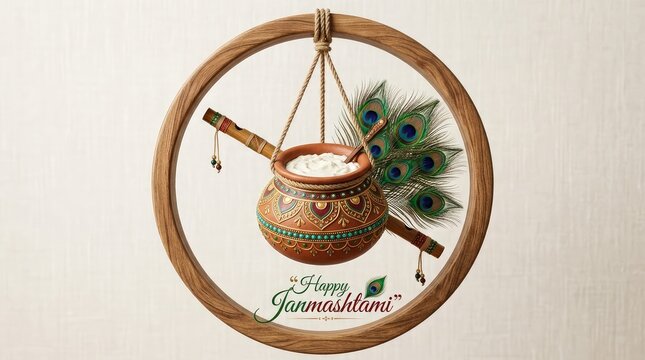 Happy Janmashtami banner with dahi handi matki, bansuri flute, and peacock feather in wooden hoop