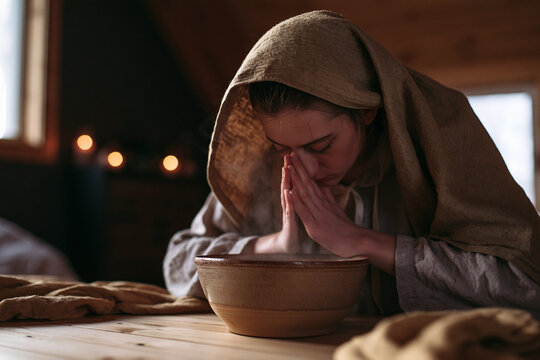 Young Woman Doing Facial Steam Inhalation with Hot Water Bowl at Home