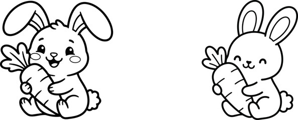 Obraz premium Two cute cartoon bunnies holding carrots in a simple black and white line art style for children coloring pages
