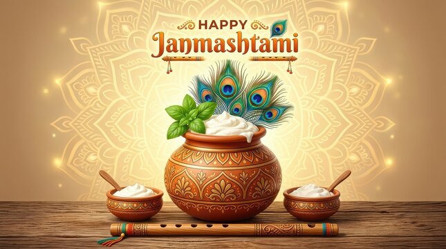 Happy Janmashtami banner with traditional dahi handi matki, tulsi leaves, peacock feather, and flute