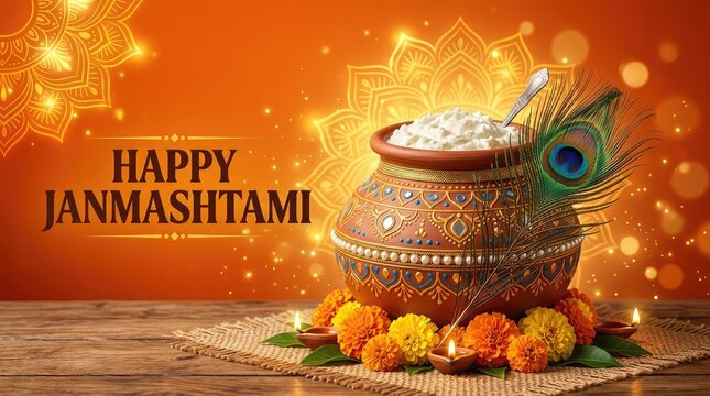 Happy Janmashtami festive background with glowing earthen dahi handi pot, peacock feather, and marigolds