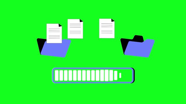 Digital file transfer animation showing documents moving between folders with a progress bar on a green screen, for data management and flow