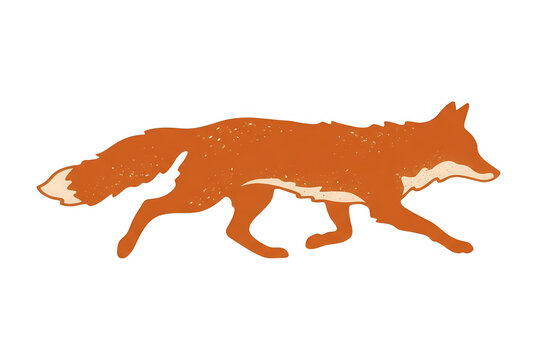 Eine stilisierte Illustration eines laufenden Fuchses in orangefarbener Silhouette auf wei&szlig;em Hintergrund, ideal f&uuml;r grafische Designs, Logos oder kreative Naturprojekte.