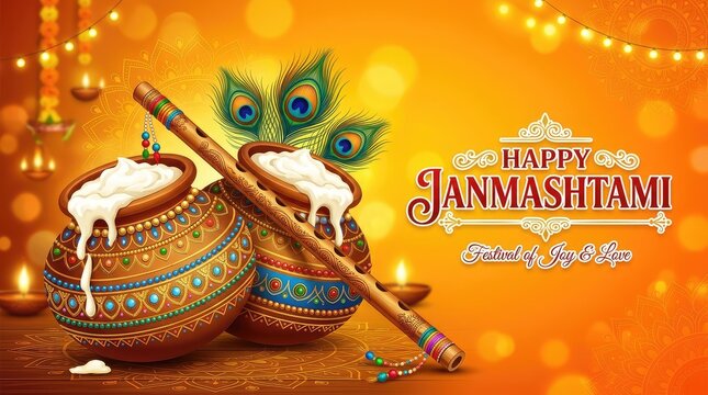 Happy Janmashtami banner with leaning dahi handi matki pouring butter, peacock feather, and flute
