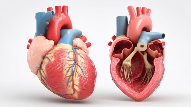 Comprehensive 3D heart anatomy display with external vascular view and internal valve cross-section