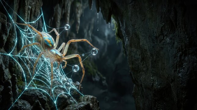Surreal photography of a bioluminescent spider on a glowing web in a dark mysterious cave