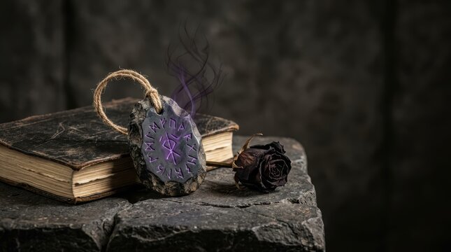 Glowing Mystical Runestone and Ancient Leather Book with Dried Rose for Faith and Spirituality Photography, Copyspace Included