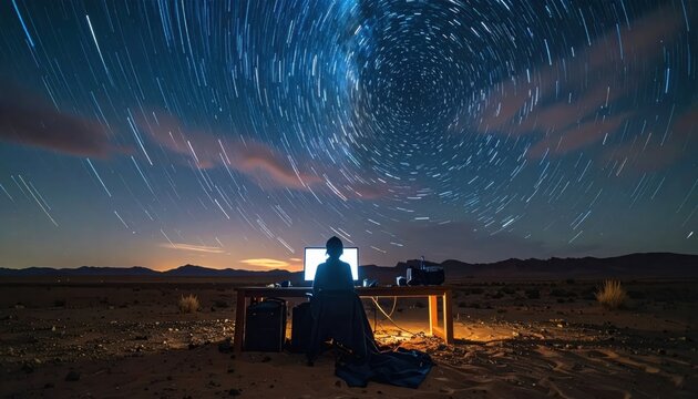 Silhouette by Campfire Under Starry Night Sky With Milky Way.
