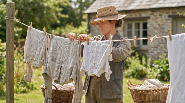Woman in a sun hat hanging wet clothes on a line in a sunny garden for sustainable living blogs, laundry care websites, and rustic lifestyle articles.