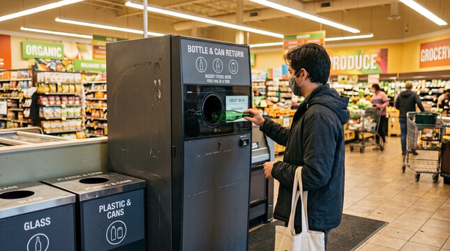 Man using a reverse vending machine for glass bottle and can recycling in a grocery store for sustainability blogs, waste reduction websites, and eco-friendly lifestyle articles.