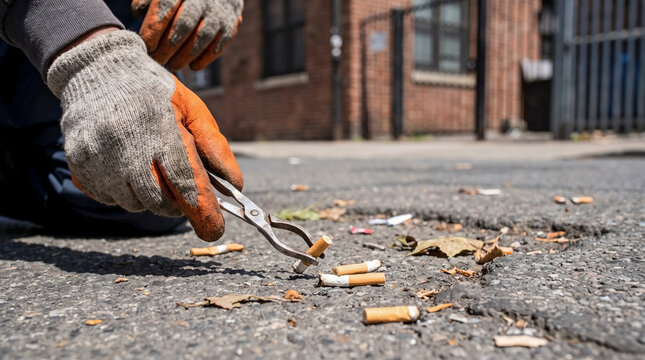 Gloved hand using pliers to pick up cigarette butts from asphalt for environmental cleanup campaigns, pollution awareness blogs, and urban waste management articles.