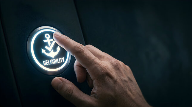 Human finger pressing glowing button labeled reliability with anchor icon