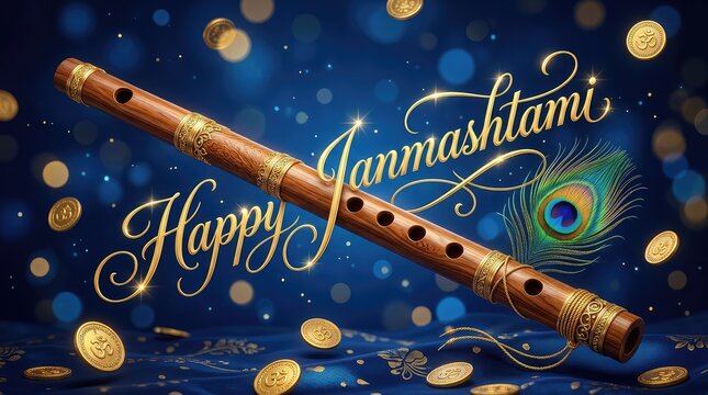 Happy Janmashtami banner with golden bansuri flute, peacock feather, and gold coins on dark blue background