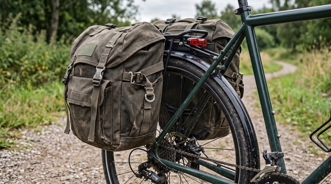 Loaded canvas bike panniers on a green touring bicycle wheel for cycling adventure blogs, bikepacking websites, outdoor gear reviews, and travel articles.