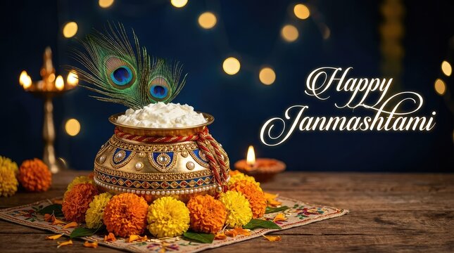 Happy Janmashtami banner with dahi handi matki decorated with yellow marigold flower garland