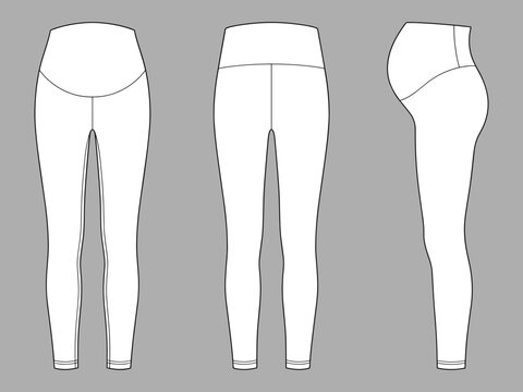High waist maternity leggings fashion flat sketch vector illustration template front back and side view. Pregnancy yoga pants mock up for women's apparel technical CAD.