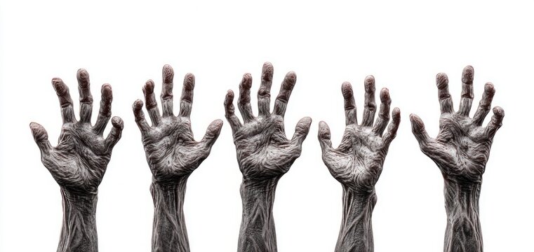 Five gnarled, ancient hands reaching upwards against a stark white background